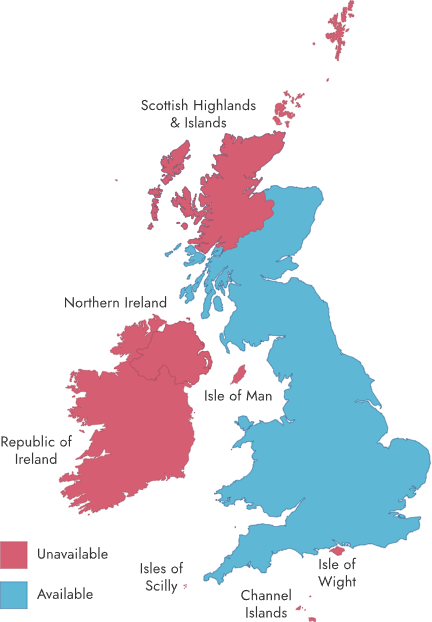 map of UK, showing the available delivery areas